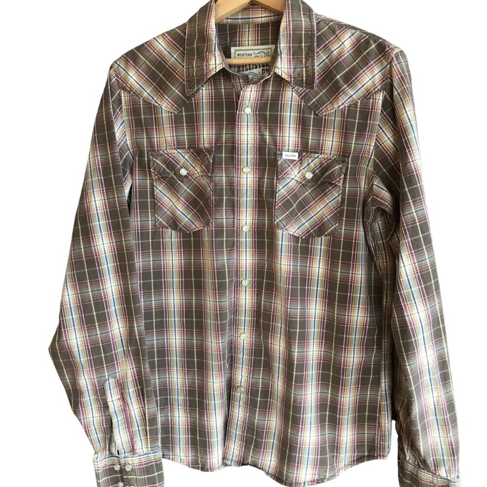 Hollister Co. Western Style Men's Shirt, Pearl Snaps Brown Plaid Size Medium